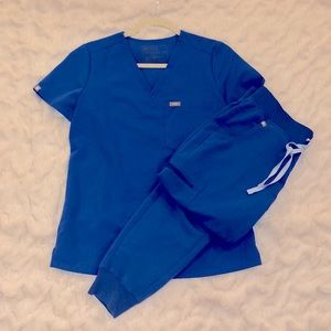 Figs royal blue XS top, SP pant